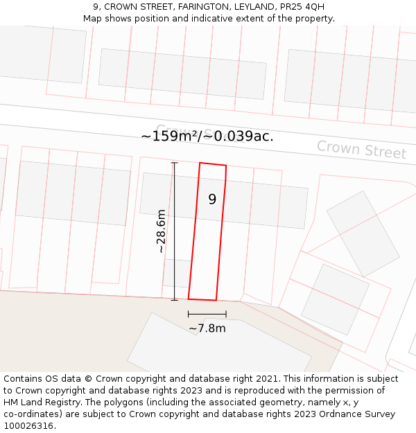 9, CROWN STREET, FARINGTON, LEYLAND, PR25 4QH: Plot and title map