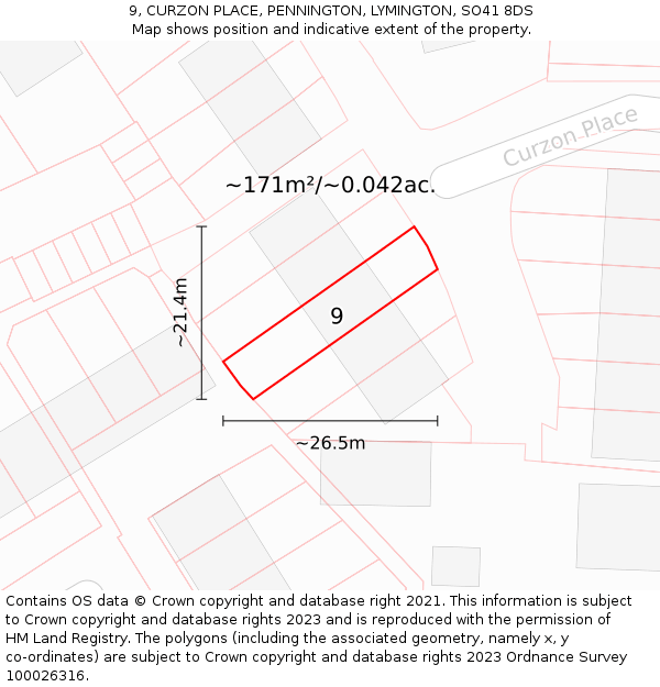 9, CURZON PLACE, PENNINGTON, LYMINGTON, SO41 8DS: Plot and title map