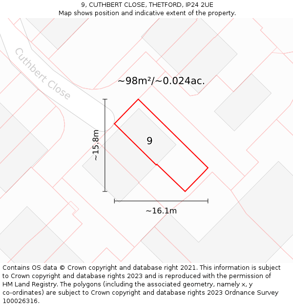9, CUTHBERT CLOSE, THETFORD, IP24 2UE: Plot and title map