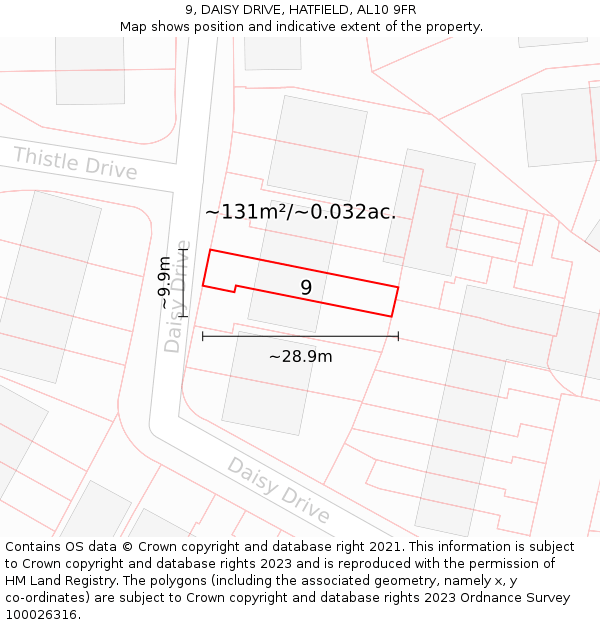 9, DAISY DRIVE, HATFIELD, AL10 9FR: Plot and title map
