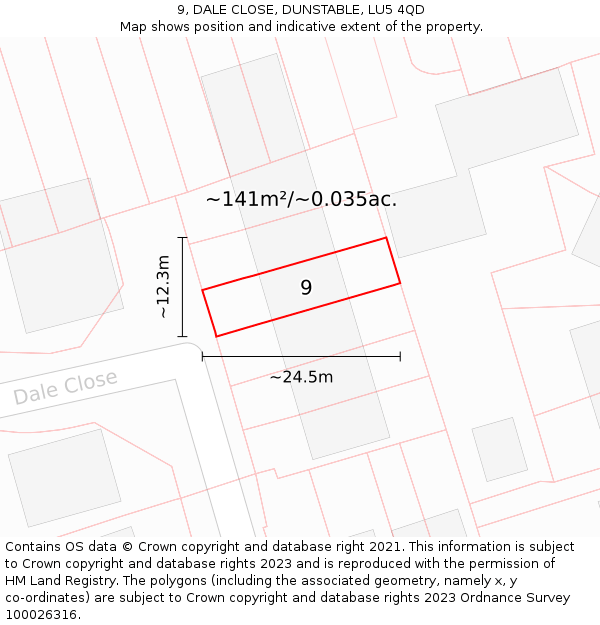 9, DALE CLOSE, DUNSTABLE, LU5 4QD: Plot and title map