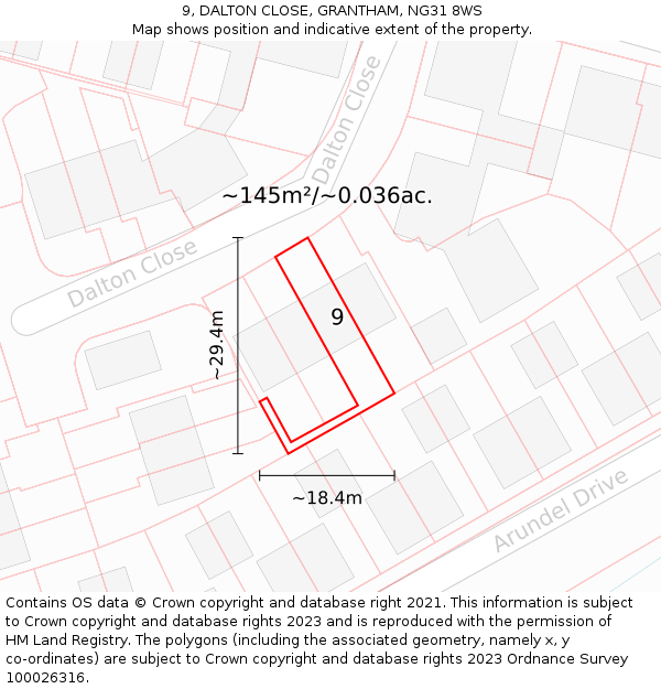 9, DALTON CLOSE, GRANTHAM, NG31 8WS: Plot and title map