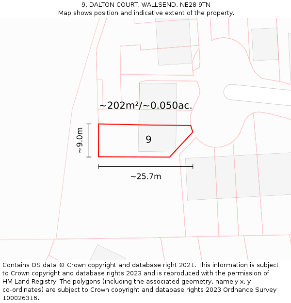 9, DALTON COURT, WALLSEND, NE28 9TN: Plot and title map