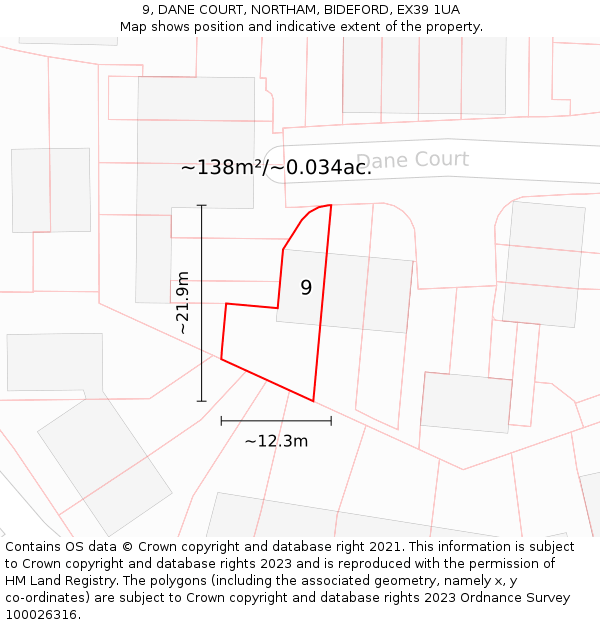 9, DANE COURT, NORTHAM, BIDEFORD, EX39 1UA: Plot and title map