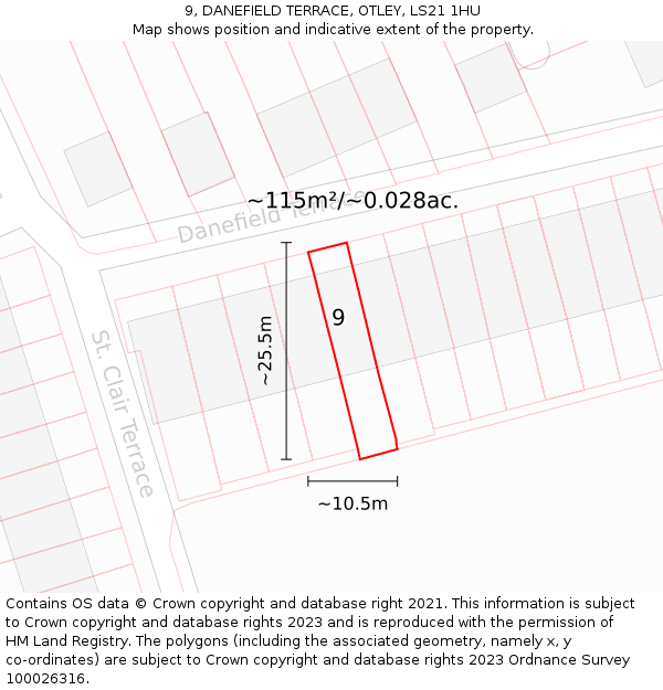 9, DANEFIELD TERRACE, OTLEY, LS21 1HU: Plot and title map