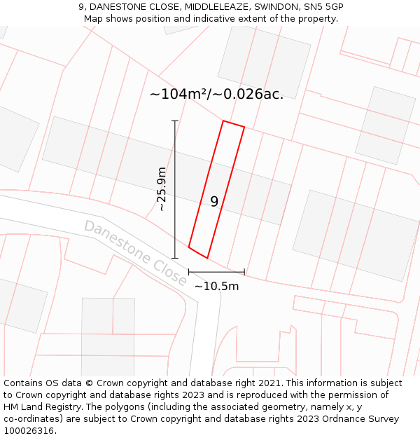 9, DANESTONE CLOSE, MIDDLELEAZE, SWINDON, SN5 5GP: Plot and title map