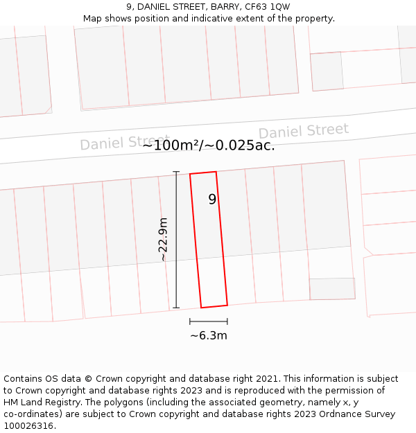 9, DANIEL STREET, BARRY, CF63 1QW: Plot and title map