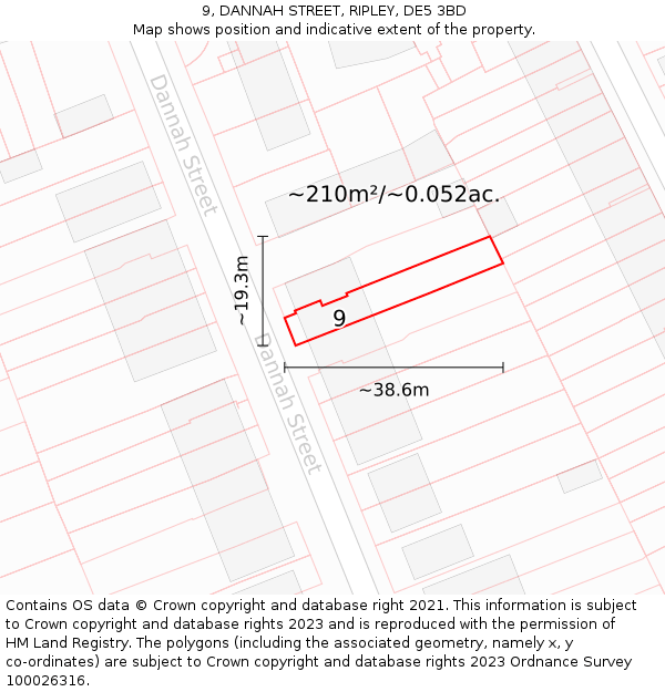 9, DANNAH STREET, RIPLEY, DE5 3BD: Plot and title map