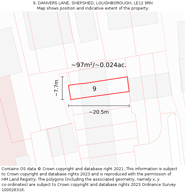 9, DANVERS LANE, SHEPSHED, LOUGHBOROUGH, LE12 9RN: Plot and title map