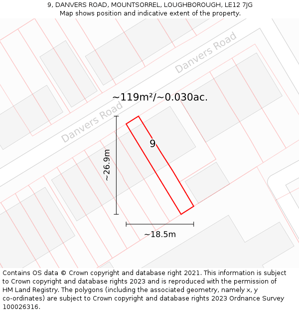 9, DANVERS ROAD, MOUNTSORREL, LOUGHBOROUGH, LE12 7JG: Plot and title map