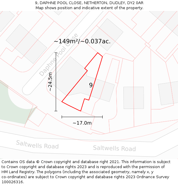 9, DAPHNE POOL CLOSE, NETHERTON, DUDLEY, DY2 0AR: Plot and title map