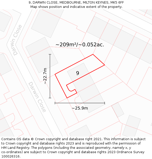 9, DARWIN CLOSE, MEDBOURNE, MILTON KEYNES, MK5 6FF: Plot and title map