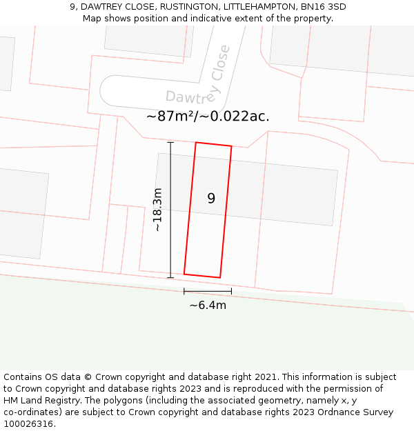 9, DAWTREY CLOSE, RUSTINGTON, LITTLEHAMPTON, BN16 3SD: Plot and title map