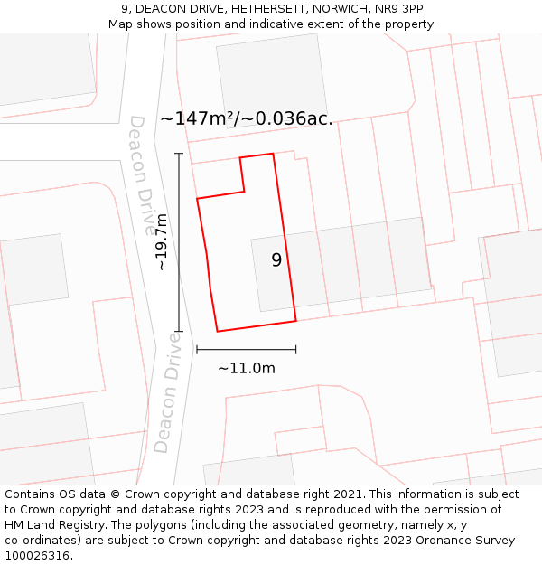 9, DEACON DRIVE, HETHERSETT, NORWICH, NR9 3PP: Plot and title map