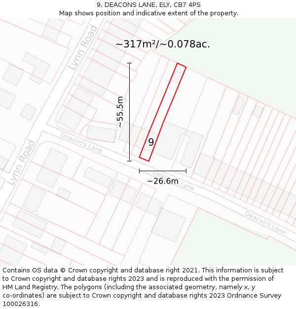 9, DEACONS LANE, ELY, CB7 4PS: Plot and title map