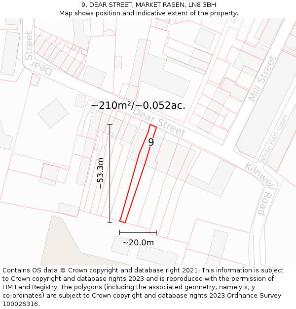 9, DEAR STREET, MARKET RASEN, LN8 3BH: Plot and title map