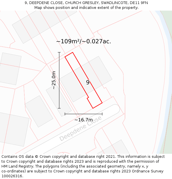 9, DEEPDENE CLOSE, CHURCH GRESLEY, SWADLINCOTE, DE11 9FN: Plot and title map