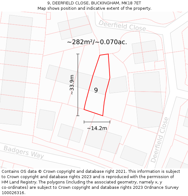 9, DEERFIELD CLOSE, BUCKINGHAM, MK18 7ET: Plot and title map