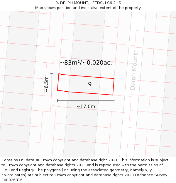 9, DELPH MOUNT, LEEDS, LS6 2HS: Plot and title map