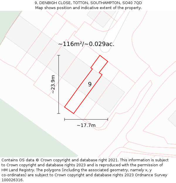 9, DENBIGH CLOSE, TOTTON, SOUTHAMPTON, SO40 7QD: Plot and title map