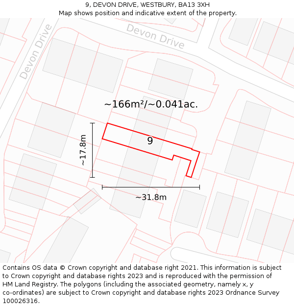 9, DEVON DRIVE, WESTBURY, BA13 3XH: Plot and title map
