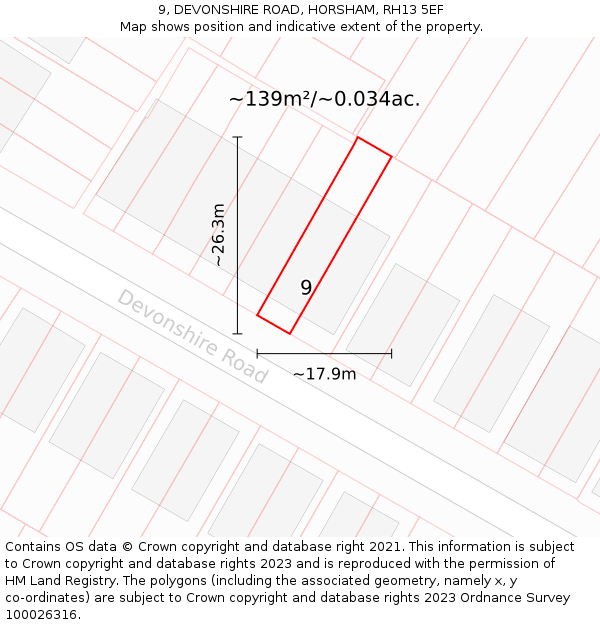 9, DEVONSHIRE ROAD, HORSHAM, RH13 5EF: Plot and title map