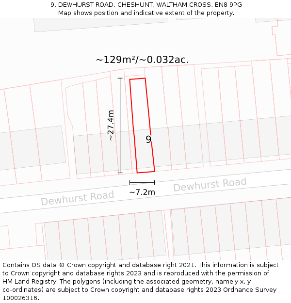 9, DEWHURST ROAD, CHESHUNT, WALTHAM CROSS, EN8 9PG: Plot and title map