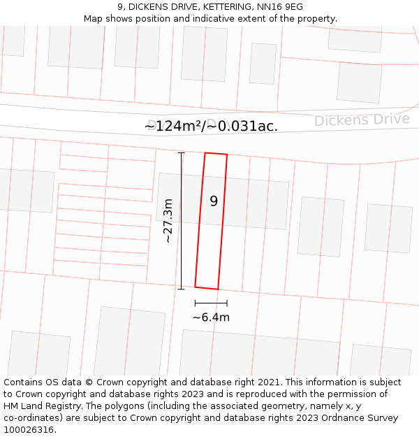 9, DICKENS DRIVE, KETTERING, NN16 9EG: Plot and title map
