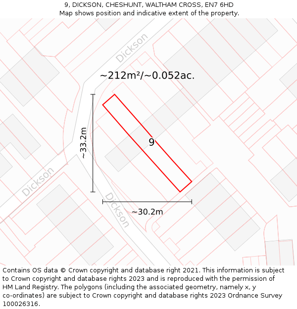 9, DICKSON, CHESHUNT, WALTHAM CROSS, EN7 6HD: Plot and title map