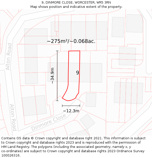 9, DINMORE CLOSE, WORCESTER, WR5 3RN: Plot and title map