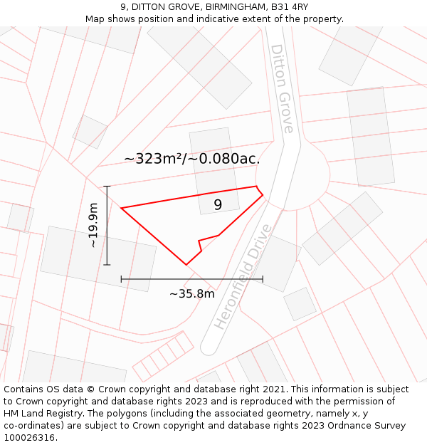 9, DITTON GROVE, BIRMINGHAM, B31 4RY: Plot and title map