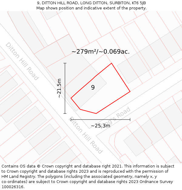 9, DITTON HILL ROAD, LONG DITTON, SURBITON, KT6 5JB: Plot and title map