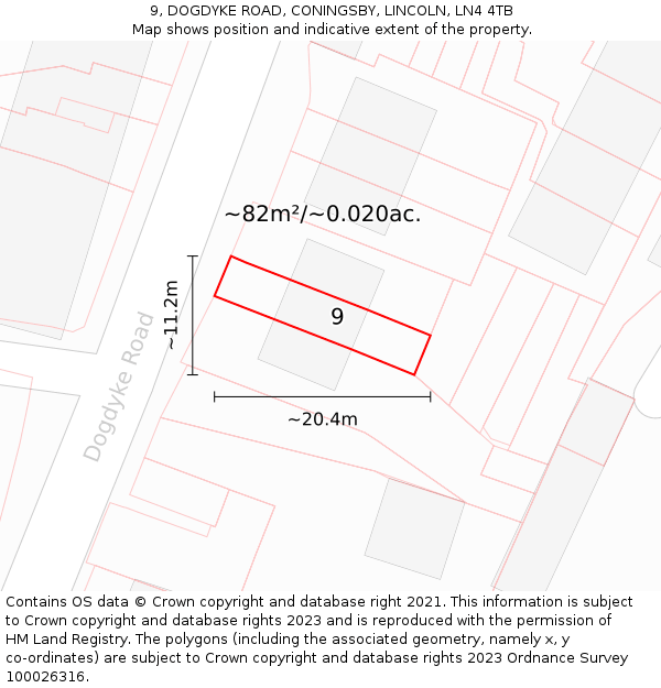 9, DOGDYKE ROAD, CONINGSBY, LINCOLN, LN4 4TB: Plot and title map