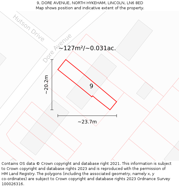 9, DORE AVENUE, NORTH HYKEHAM, LINCOLN, LN6 8ED: Plot and title map