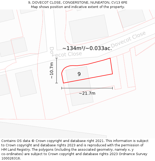 9, DOVECOT CLOSE, CONGERSTONE, NUNEATON, CV13 6PE: Plot and title map