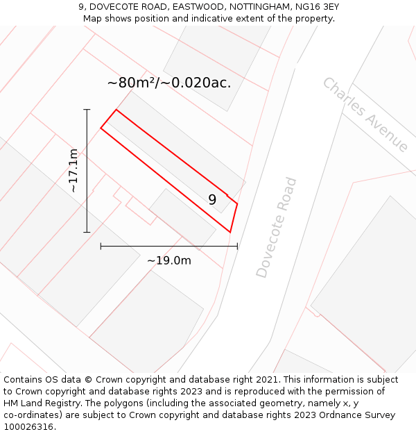 9, DOVECOTE ROAD, EASTWOOD, NOTTINGHAM, NG16 3EY: Plot and title map