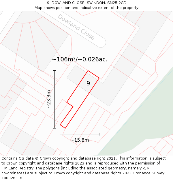 9, DOWLAND CLOSE, SWINDON, SN25 2GD: Plot and title map