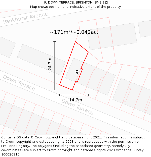 9, DOWN TERRACE, BRIGHTON, BN2 9ZJ: Plot and title map