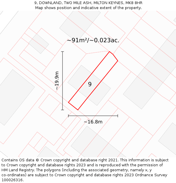 9, DOWNLAND, TWO MILE ASH, MILTON KEYNES, MK8 8HR: Plot and title map