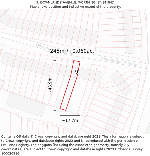 9, DOWNLANDS AVENUE, WORTHING, BN14 9HD: Plot and title map
