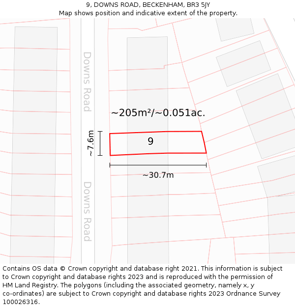 9, DOWNS ROAD, BECKENHAM, BR3 5JY: Plot and title map