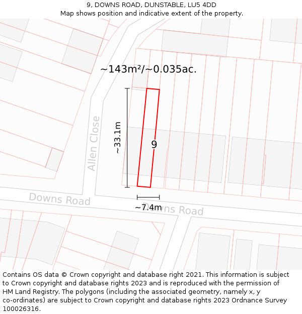 9, DOWNS ROAD, DUNSTABLE, LU5 4DD: Plot and title map