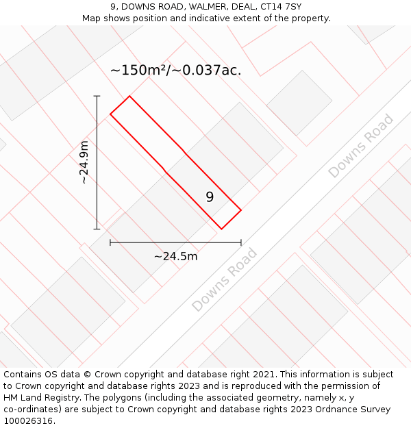 9, DOWNS ROAD, WALMER, DEAL, CT14 7SY: Plot and title map