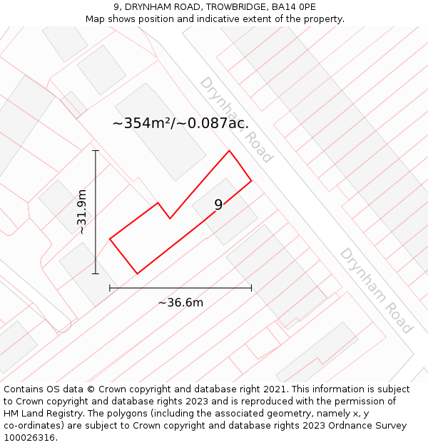 9, DRYNHAM ROAD, TROWBRIDGE, BA14 0PE: Plot and title map