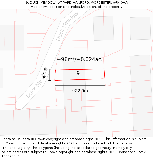 9, DUCK MEADOW, LYPPARD HANFORD, WORCESTER, WR4 0HA: Plot and title map