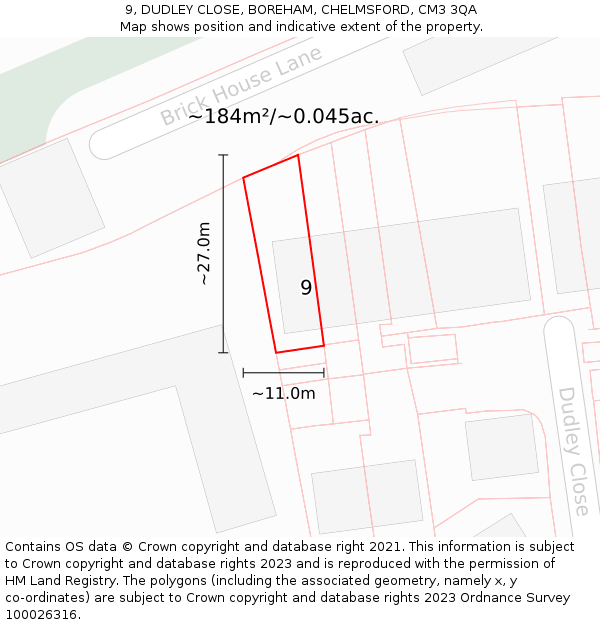 9, DUDLEY CLOSE, BOREHAM, CHELMSFORD, CM3 3QA: Plot and title map