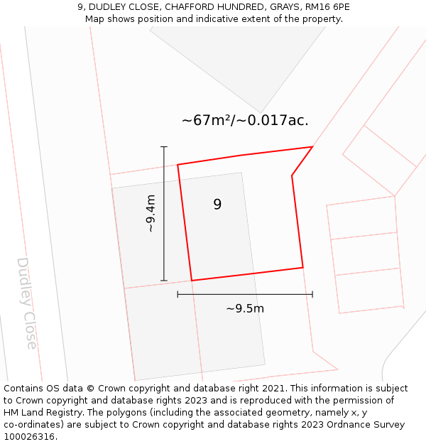 9, DUDLEY CLOSE, CHAFFORD HUNDRED, GRAYS, RM16 6PE: Plot and title map