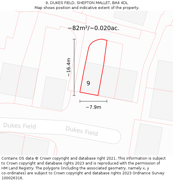 9, DUKES FIELD, SHEPTON MALLET, BA4 4DL: Plot and title map