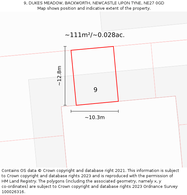 9, DUKES MEADOW, BACKWORTH, NEWCASTLE UPON TYNE, NE27 0GD: Plot and title map
