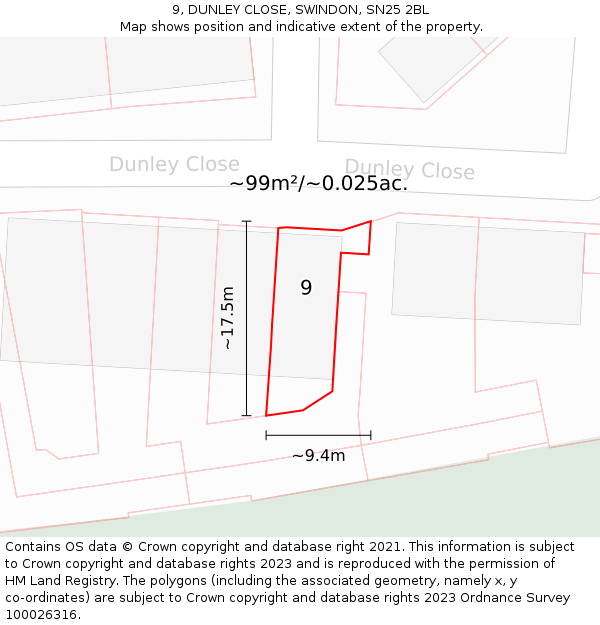 9, DUNLEY CLOSE, SWINDON, SN25 2BL: Plot and title map